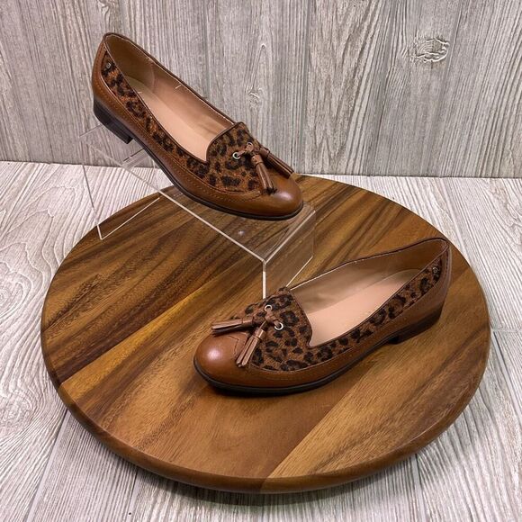 Etienne Aigner E-Kira Loafers Size 7.5 Brown Leather Animal Print Tassels - Picture 1 of 11